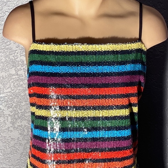 WAYF - NWT - dress: 🌈 striped sequin overlay mini w adj. straps, blk lining - L - Picture 3 of 16